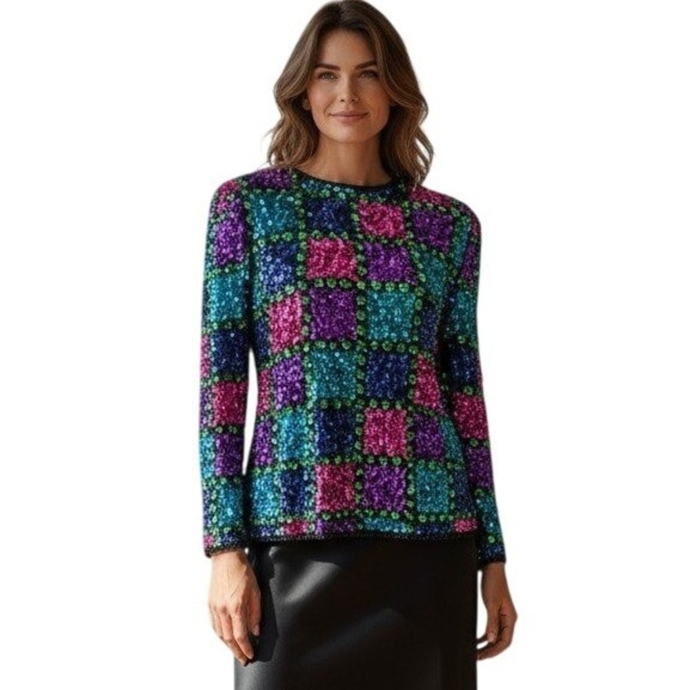 Vintage Sequin Patchwork Blazer Jacket Women's Retro Glam Sparkle Multi Color Sm